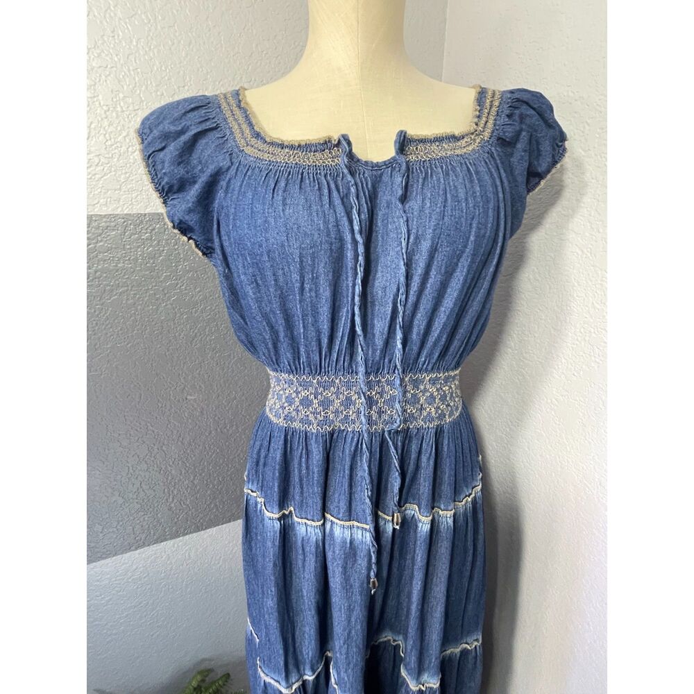 Indigo & Lace Blue Denim Look Tiered Smocked Peasant Maxi Dress XL - Picture 3 of 10